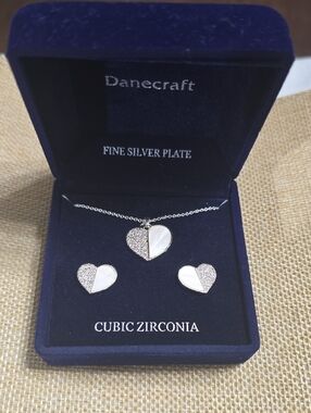Danecraft Fine Silver Plate & CZ Heart Necklace and Earrings Set